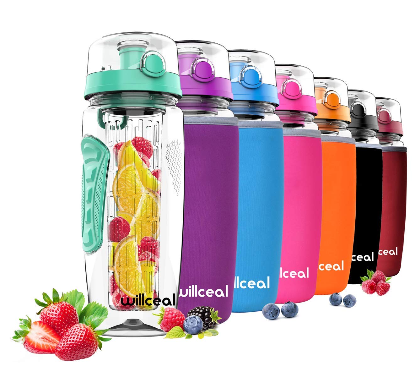 willceal Fruit Infuser Water Bottle 32oz Durable, Large - BPA Free Tritan,Flip Lid, Leak Proof Design - Sports, Camping (Mint)