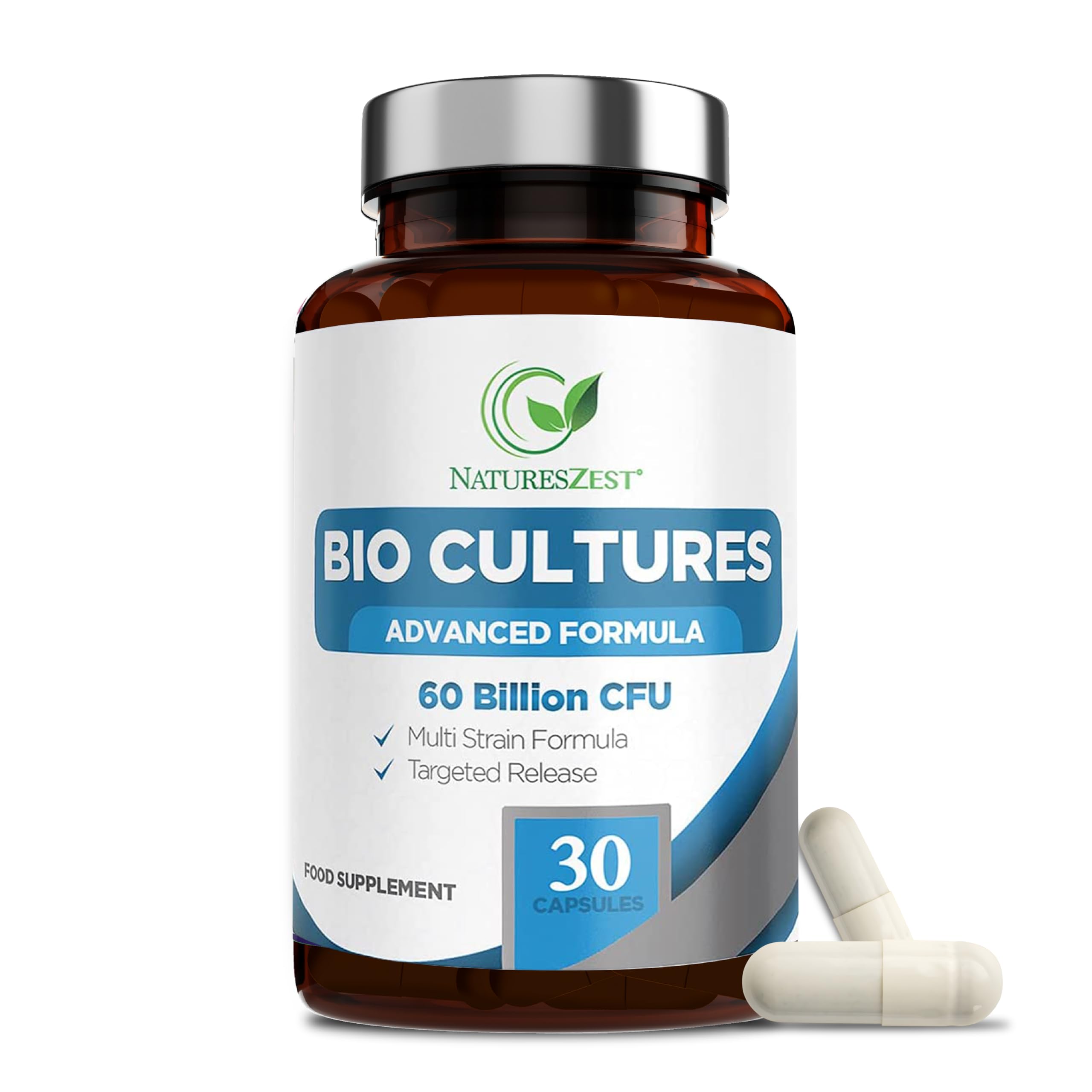 60 Billion CFU Bio Cultures Probiotics with Prebiotics 30 Capsules Multi Strain Advanced Formula for Men and Women by Natures Zest