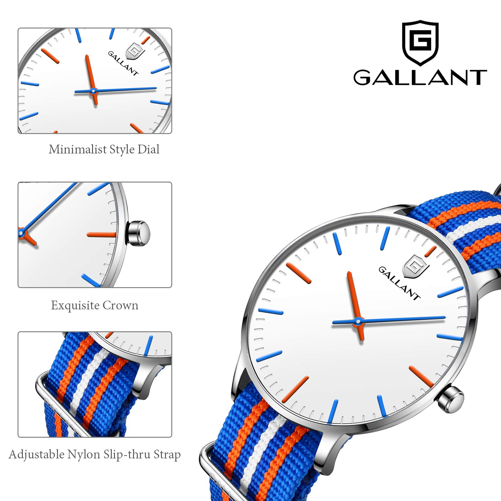 GALLANT Mens Wristwatches Analog Quartz Watches with Multicolor Striped Nylon Strap Band Big Dial Waterproof Wrist Watch Casual