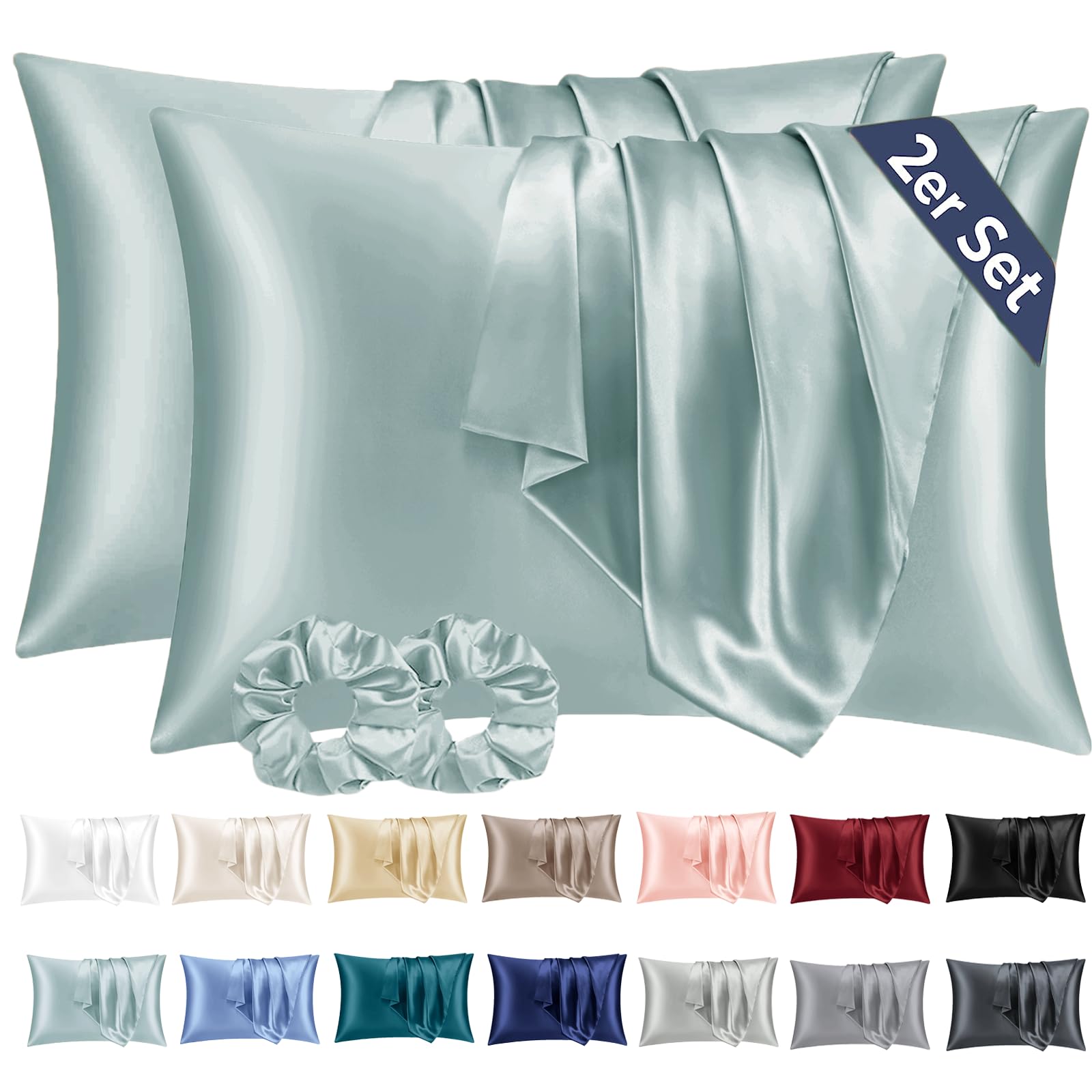 Vielit 2 Pack Satin Pillowcase for Hair and Skin,Soft as Silk Pillowcases for Hair and Skin,Easier Care than Silk Pillow Case Green Pillowcases for 40x80cm Pillow Envelope & 2 Scrunchies