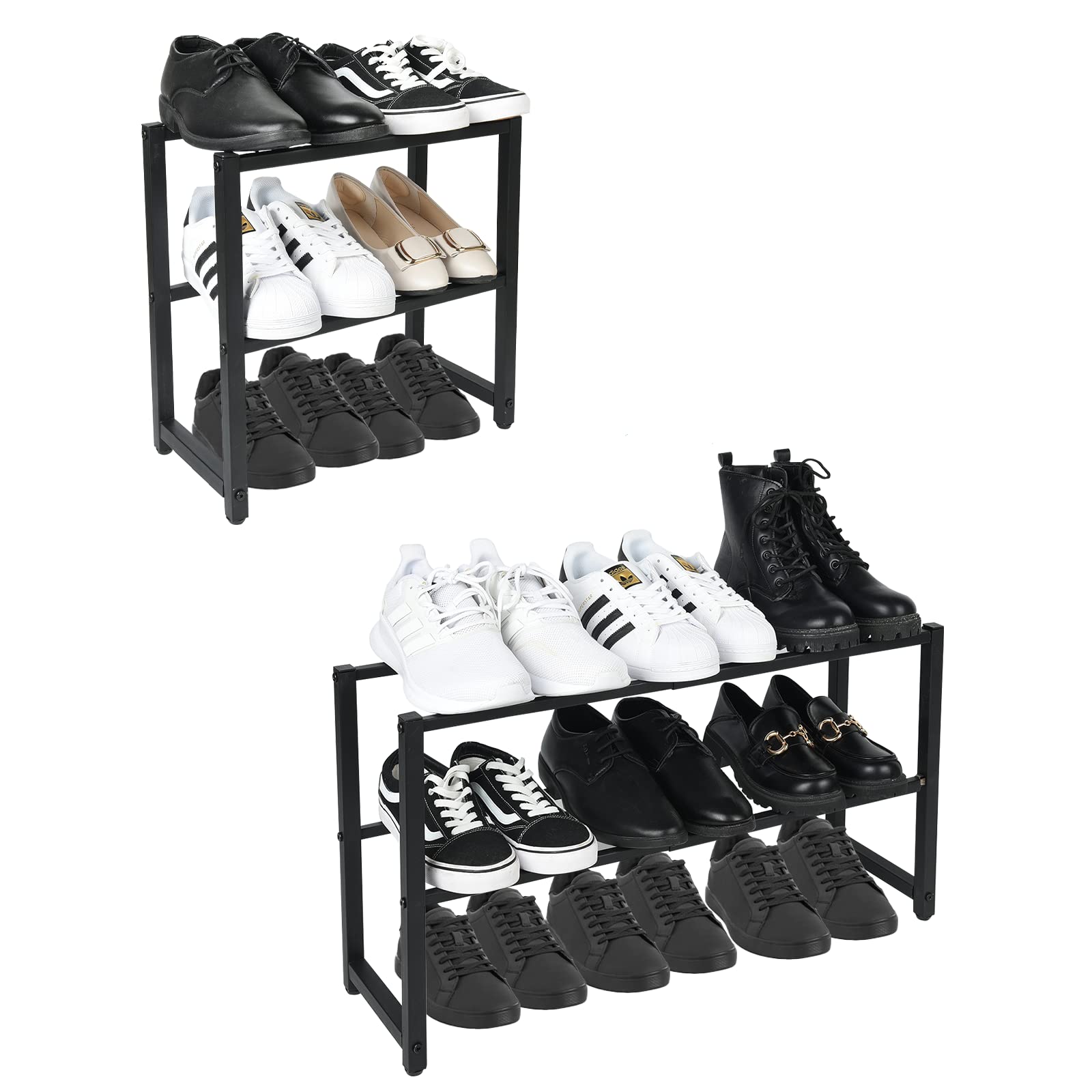 hi-home 2-Tier Extendable Shoe Rack Small, Metal Adjustable Shoe Organiser Storage, 100% Stainless Steel Sturdy Shoe Shelf for Closet Hallway Bedroom Entryway, Black, 70x20x37cm