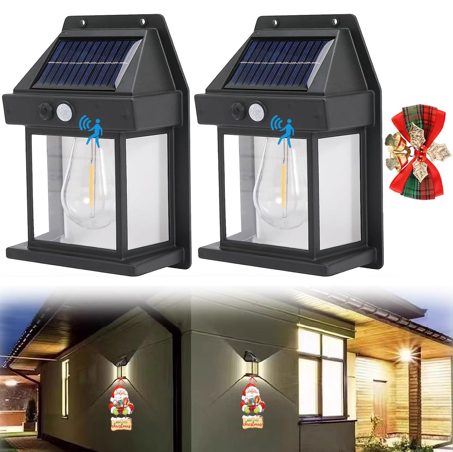 Rocky Green Solar Tungsten Wall Light, Solar Outdoor Wall Lights, Motion Sensor Solar Wall Sconce Waterproof Wall Lantern - LED Exterior Wall Lights for Outdoor Porch, Fence, Courtyard (2pcs Black)