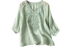 lcepcy Women's Cotton Linen Tunic Tops Short Sleeve Casual Loose Fit Embroidered Tops V Neck T-Shirt Blouses Linen Shirts