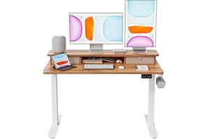 BANTI 48x24 Inch Electric Standing Desk with Double Drawers, Adjustable Height Stand Up Desk, Sit Stand Home Office Desk with Storage Shelf, Light Rustic Brown Top