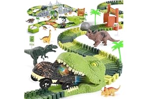 DINOTRONIC Dinosaur Toys Race Track,174pcs Flexible Track Set with 2 Dino Cars,Create a Dinosaur World Road Race,Include 8 Dinosaur Figurines,Jumbo Dinosaur Head,Dino Door & Bridge for Kids Toddlers Boys Girls