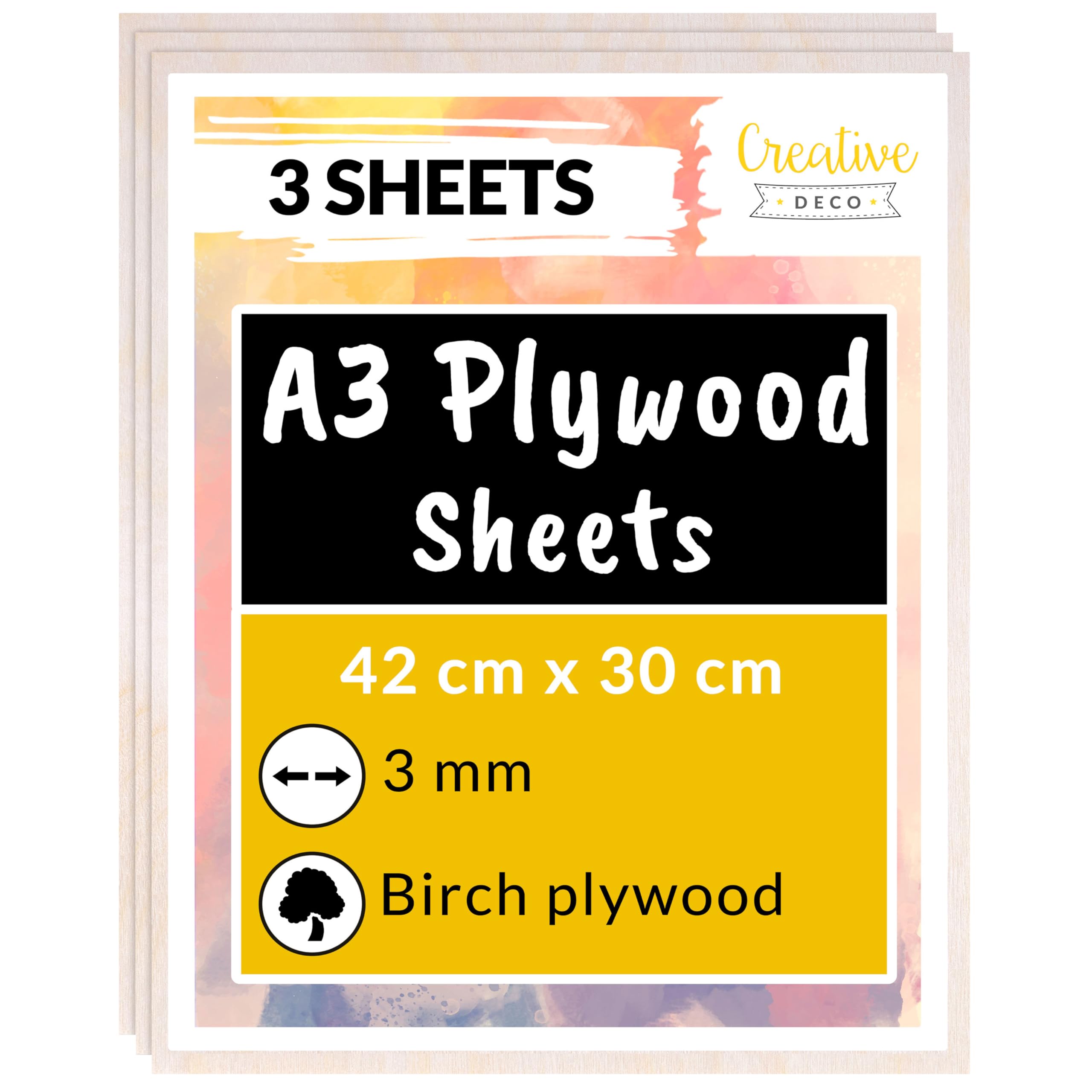 Creative Deco 3 x A3 Birch Plywood Sheets | 420 x 300 x 3mm (+/-2mm) Baltic Wood Ply | Perfect Board for Wood DIY Home Decor, Arts, Craft, Painting, Laser Cutting, CNC, Stenciling Pyrography