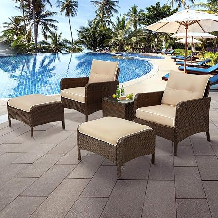 Amazon Com U Max 5 Pieces Patio Furniture Set Outdoor Chair And Ottoman Set With Cushions Side Table Brown Pe Wicker Rattan Lawn Pool Balcony Backyard Conversation Lounge Set White Tan Cushion