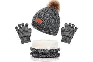 ENWOKRAN 3pcs Kids Winter Hat Scarf Gloves Set, Fleece Lining Beanie Hat with Pom, Knit Gloves Neck Warmer for Girls Boys 2-6 Years