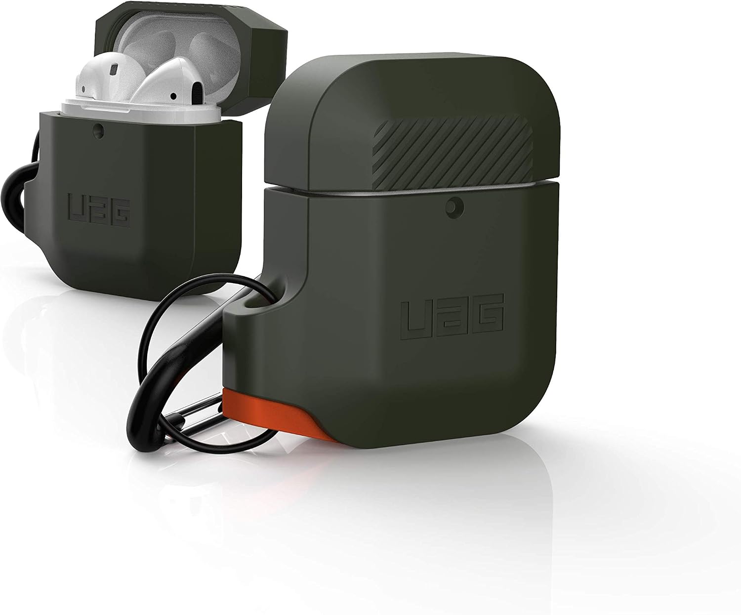 URBAN ARMOR GEAR UAG Compatible with AirPods (1st Gen & 2nd Gen), Full-Body Protective Rugged Water Resistant Soft-Touch Silicone Case with Detachable Carabiner, Olive Drab/Orange