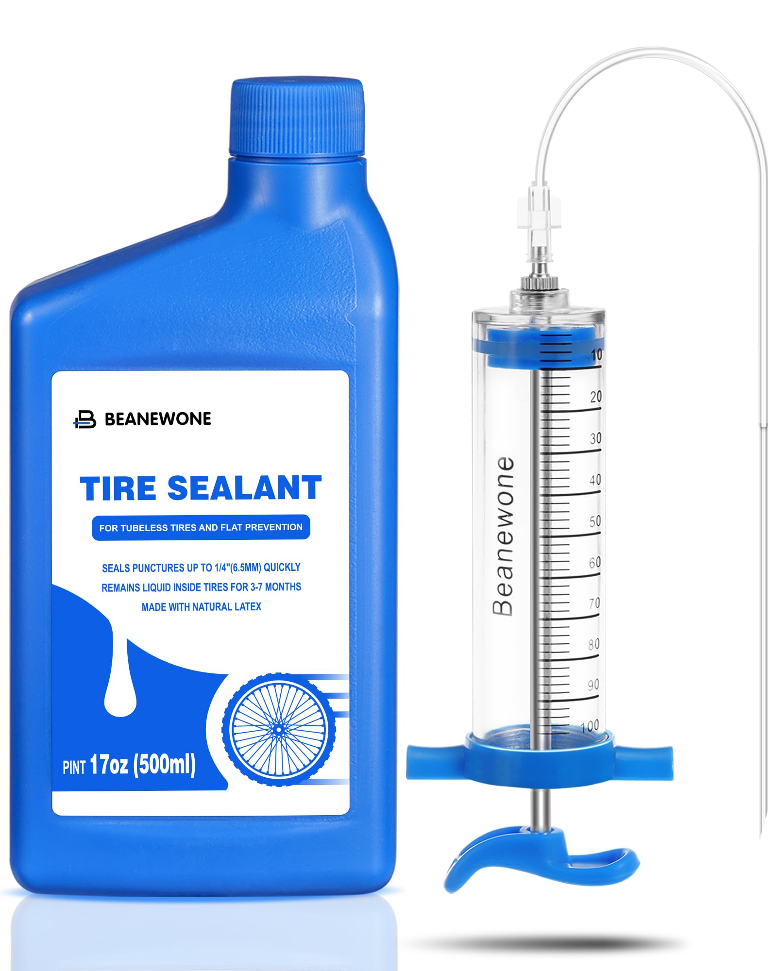 Beanewone Tubeless Tyre Sealant, 500ml Tubeless Sealant with Tubeless Sealant Injector, Injects Long-Lasting Sealant Directly for MTB and Road Bicycle Tyres