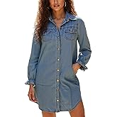 Unifizz Women's Denim Shirt Dress Button Down Collar V Neck Long Sleeve Cotton Blue Jean Dress