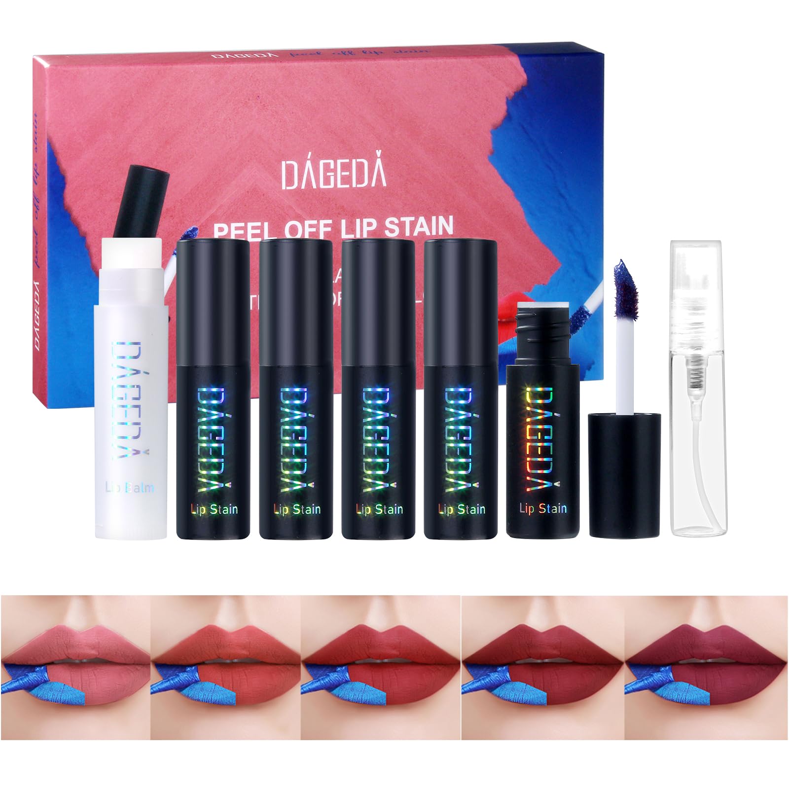 Prreal Lip Stain Set 5 Colour, Peel off Lip Stain Lip Tint, Tattoo Coloured Lip Gloss, Long Lasting Waterproof Liquid Lipstick, Lipstick Makeup Set, Non-Stick Cup Lip Stain Lip Makeup for Women Girls