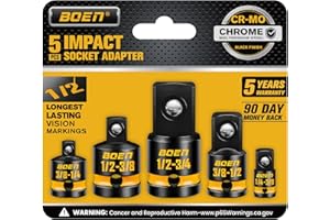 BOEN PRO 5 Piece Impact Socket Adapter Set and Reducer Set, 1/4", 3/8", 1/2" Impact Drive Conversions, Chrome Molybdenum Allo