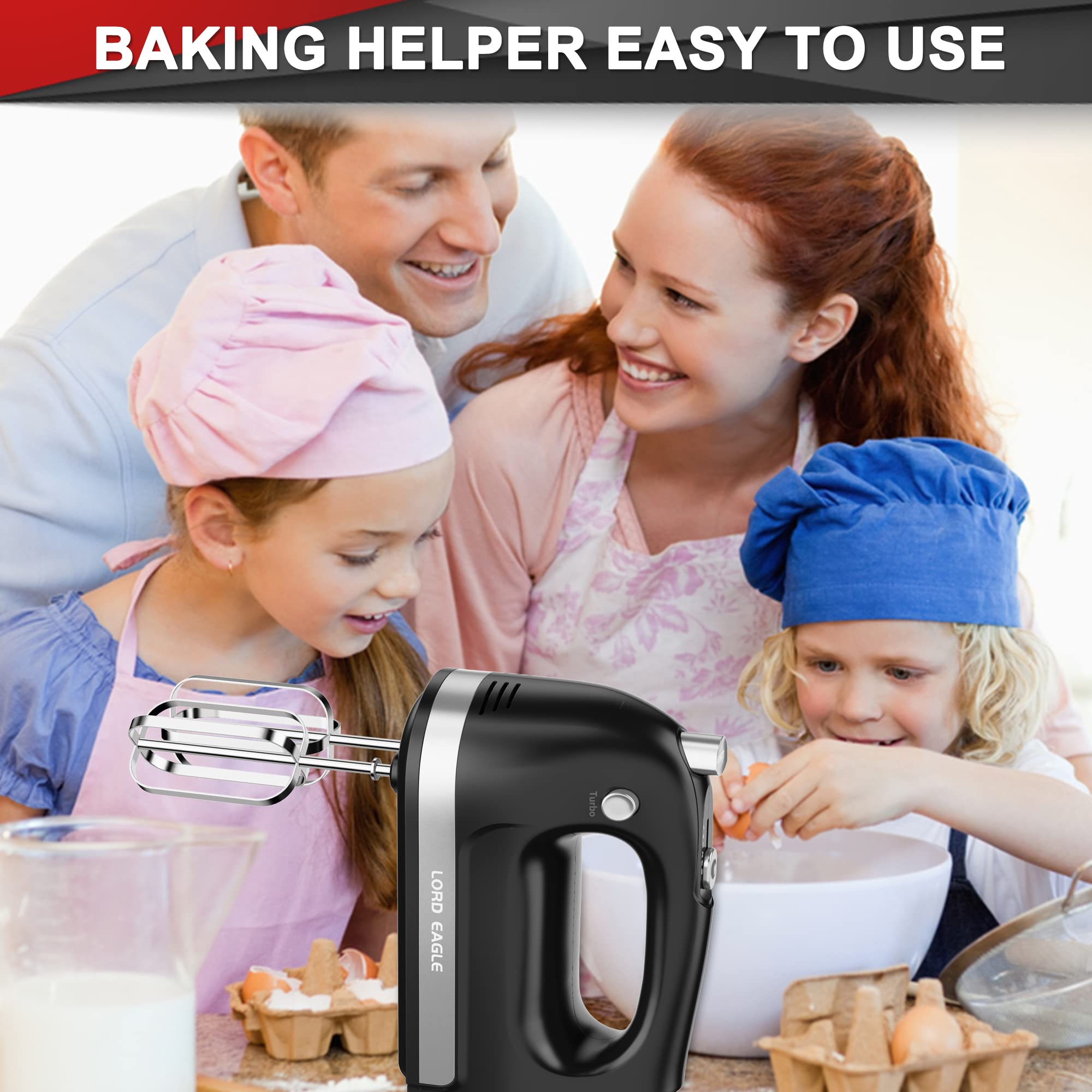 Lord Eagle Hand Mixer Electric 400W, 5 Speed handheld Mixer, 5 Stainless Steel Accessories for Baking Cake Egg Cream Food Beater, Turbo Boost/Self-Control Speed + Eject Button
