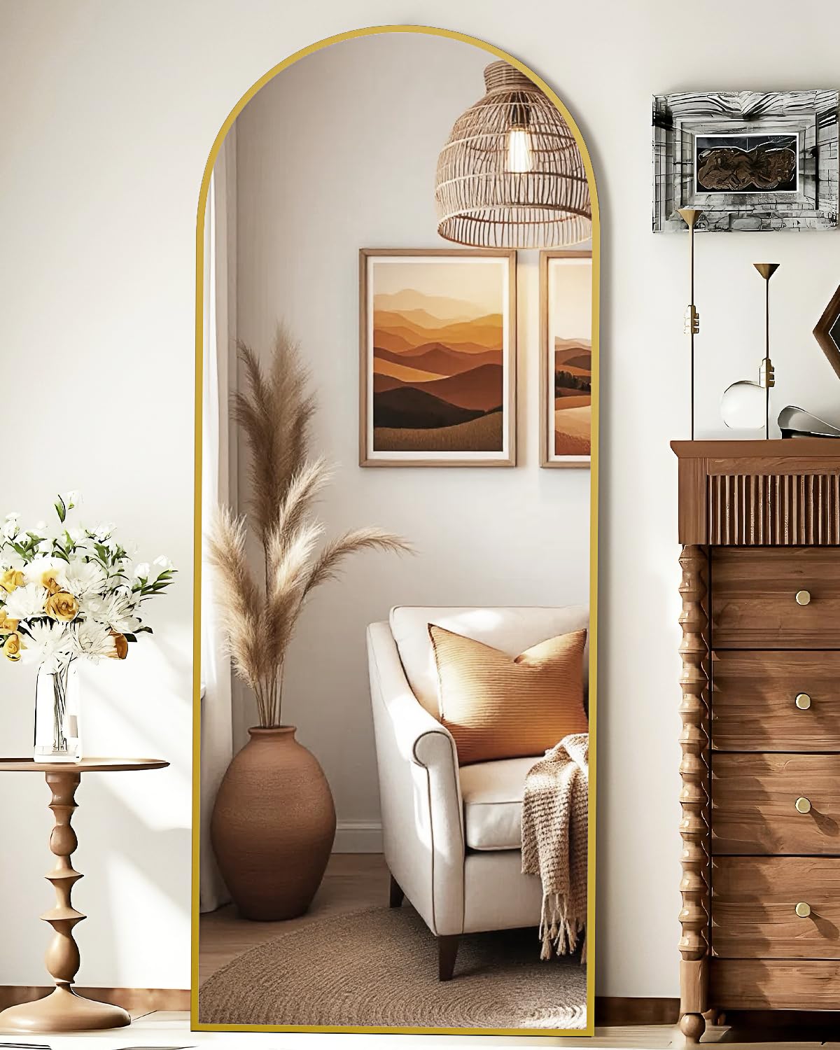 Photo 1 of *CRACKED, BARELY NOTICABLE IN CERTAIN LIGHTING BUT VERY FRAGILE * SUNQUEEN 58"x19" Floor Mirror Full Length, Arched Full Length Mirror with Stand, Full Body Mirrors for Bedroom Living Room or Cloakroom Gold