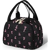 Dansydaisy Black and Pink Bow Lunch Bag Cute Corduroy Insulated Pink Bow Lunch Box for Women Coquette Tote Bag Reusable Large Capacity Cooler Containers Preppy Stuff Gifts for Picnics Travel Outdoor