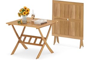 Tangkula 36" Patio Dining Table Folding Acacia Wood, with Umbrella Hole and X-Shaped Frame, Outdoor Square Dinner Table for Porch, Backyard and Garden