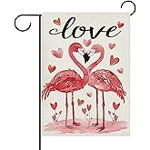 Dyrenson Valentines Day Flamingo Decorative Garden Flag, Watercolor Pink Love Hearts Yard Outside Home Decoration, Anniversary Wedding Burlap Outdoor Small Decor Double Sided 12 x 18