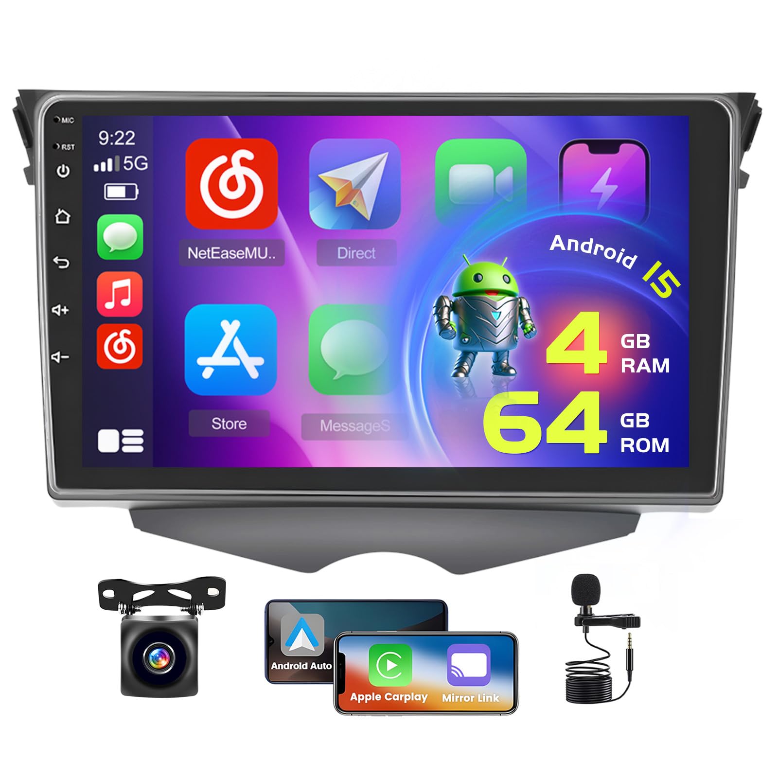 Photo 1 of [4+64G] Hikity Android 15 Car Stereo for Hyundai Veloster 2011 2012 2013 2014 2015, 9 Inch Touchscreen Radio with Carplay/Android Auto/GPS Navigation/WiFi/DSP/Bluetooth/FM RDS+AHD Backup Camera