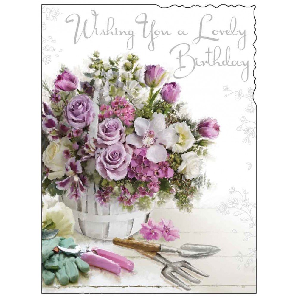 Birthday/Greetings Female Card (JJ8863) Velvet - Pretty Flowers & Roses - Silver Embossed