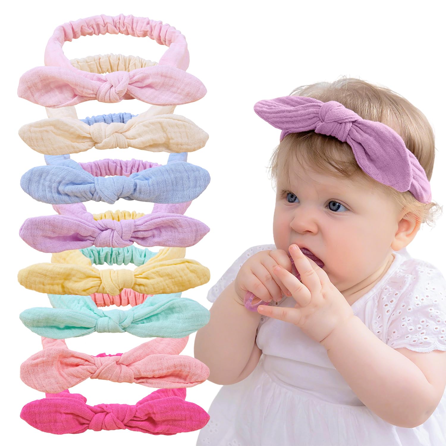 Photo 1 of **ONLY 3***XIMA Baby Girl Headbands, Cotton Rabbit Ears Hairbands for Newbron Infants Toddlers, Removable Rabbit Ear Bows Baby Hair Accessories, Pastel colors Pack of 8