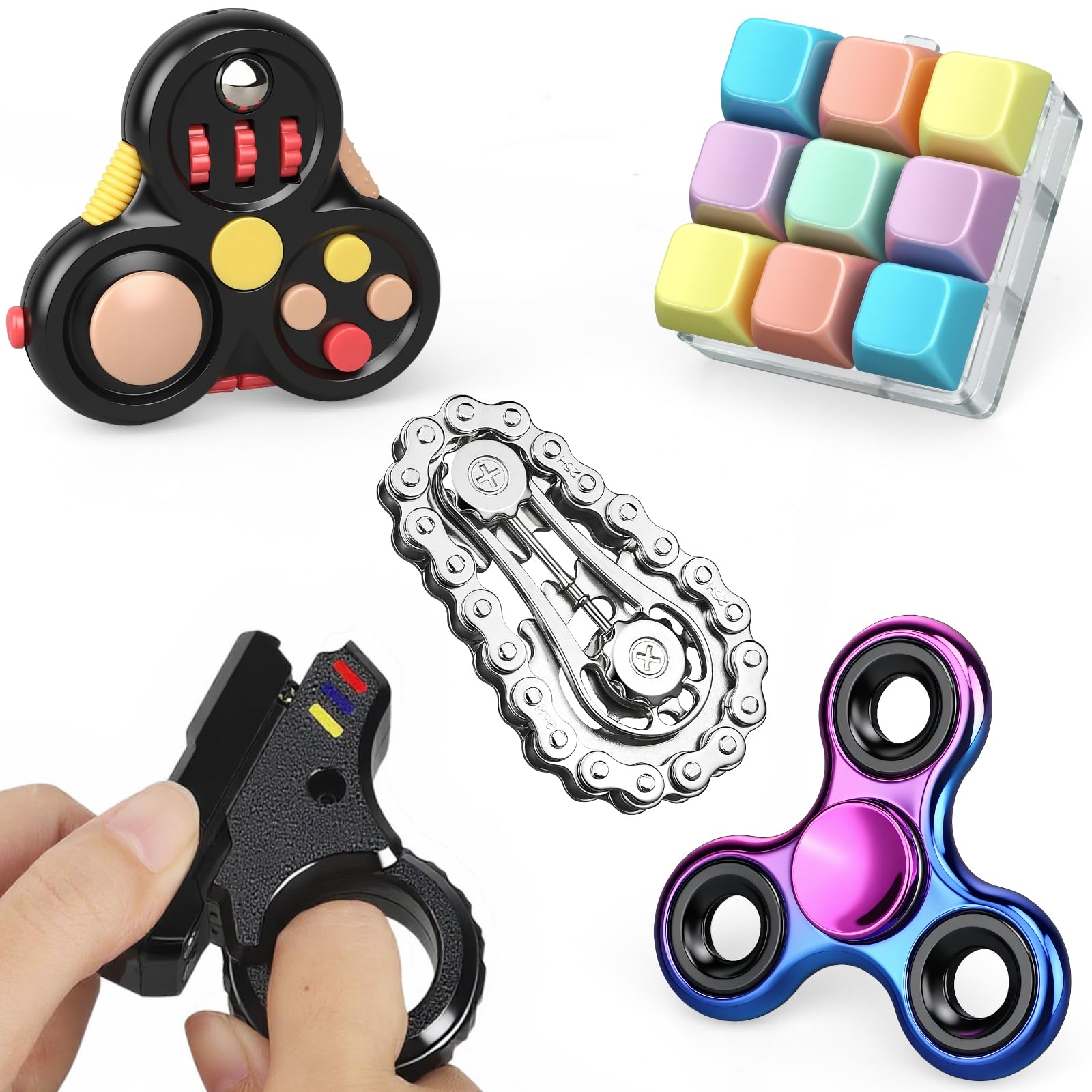 ​​5PCS Fidget Toys Set for Adults Teens - Cool Toys Pack with Fidget Cube, Slider, Finger Bike, Fidget Spinner, Chain, EDC Desk Classroom Stocking Filler Gift