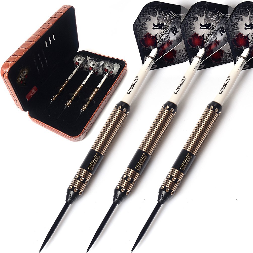 CUESOUL Dragon Series 25 Grams Professional Steel Tip Darts Set Brass Barrels Shockproof Deluxe PU Carry Case Nylon Shafts Well Balanced (JL-SL-J2208L)
