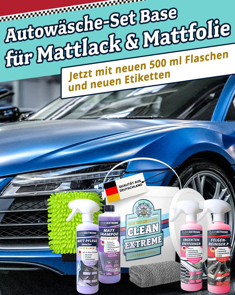 CLEANEXTREME Autowäsche Set Base für Mattlack & Matt-Folie | Autoshampoo Felgenreiniger Insektenentferner Auto-Detailer & Wascheimer mit Deckel 2