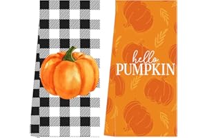 LXOMILL Buffalo Plaid Fall Kitchen Towels, Pumpkin Dish Towels, Farmhouse Fall Decorations for Kitchen, Fall Pumpkin Hand Towels Set of 2