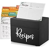 DRASTAR Recipe Box, Wooden Recipe Organizer,Black Recipe Holder Box with 50 Recipe Cards 4"x6" & 6 Dividers, Recipe Book to Write in Your Own Recipes