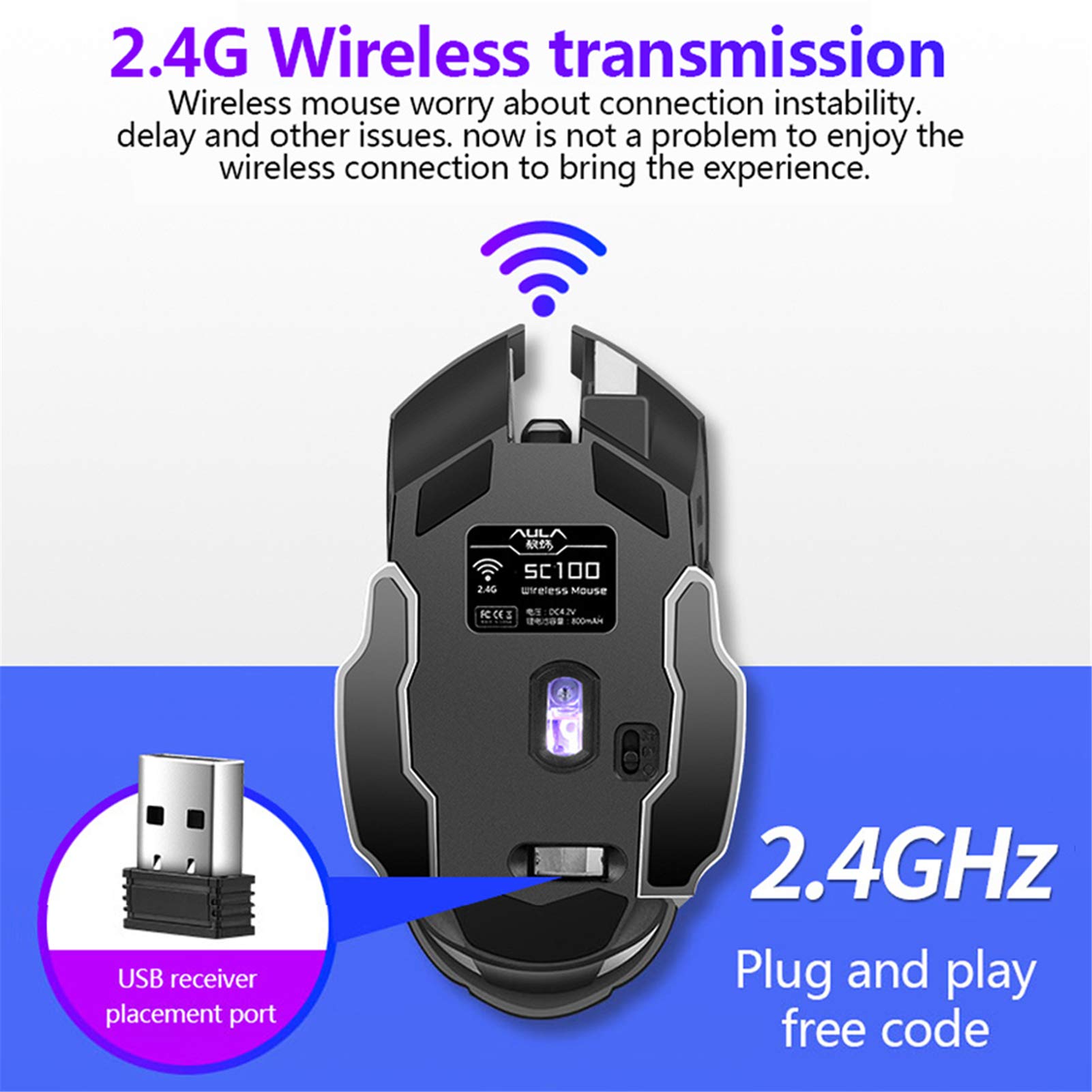 AULA SC100 Silent Wireless Gaming Mouse Rechargeable, with Side Buttons, LED Backlit, DPI Adjustable, 2.4G Wireless Optical Computer Mice Punk Cool Mouse for Games/Work (Black)