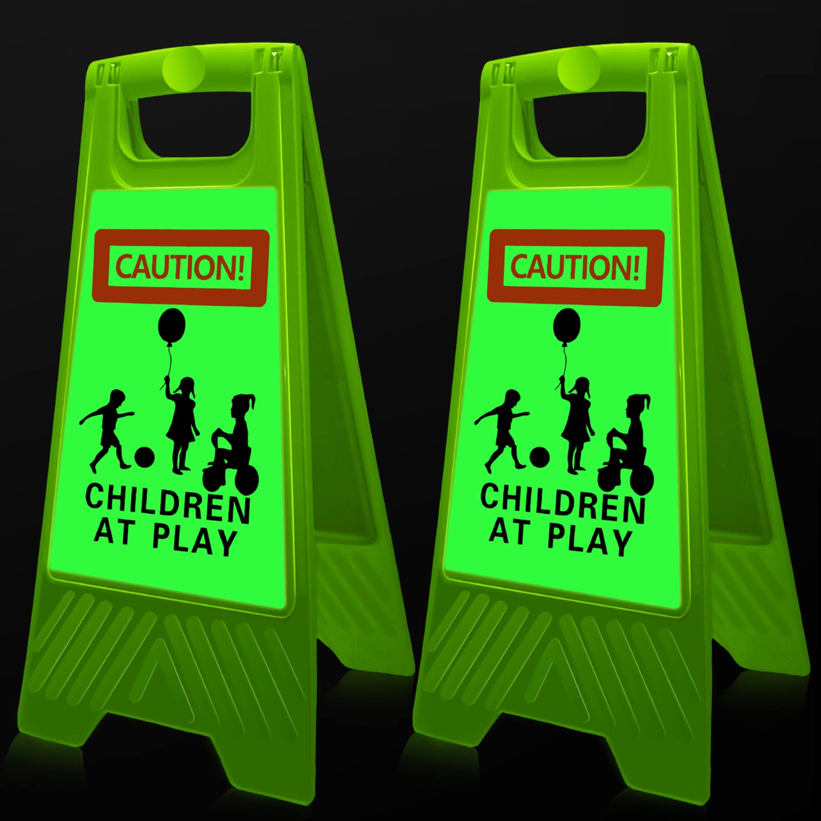 Photo 1 of 2 Pieces Reflective Kids Playing Sign for Street Slow Down Kids at Play Sign Double Sided 24 Inch Portable Handle Children at Play Warning Board Safety Signs Neighborhood School Park Sidewalk (Green)