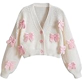 BEAUDRM Women's Plus Size Bow Crop Sweater Cardigan V Neck Button Up Long Sleeve Cute Cardigans