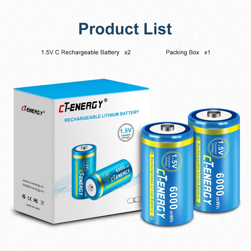 Rechargeable C Batteries 1.5V Lithium C Size LR14 Cell with USB-C Fast Charging 2pcs High Capacity in 1500cycle 5550mWh for Lights,Toys
