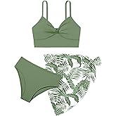 MIGU Girls Swimsuit Bathing Suit Solid Color Twist Cross Tropical Floral 3 Piece Girls' Swimwear Bikini with Cover Up 9-16T