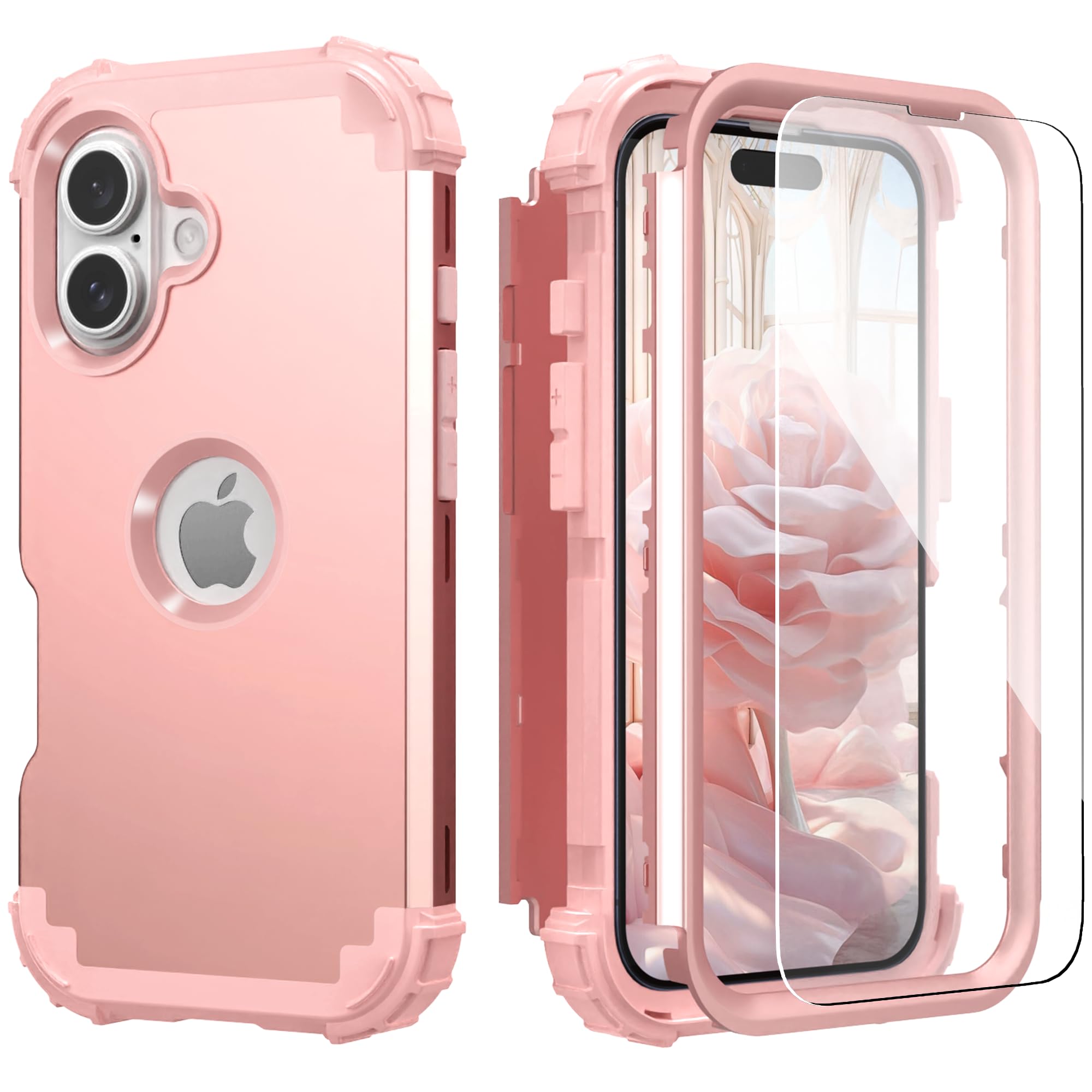 Photo 1 of IDweel for iPhone 16 Case with Screen Protector for Women, 3 in 1 Shockproof Slim Fit Hybrid Heavy Duty Hard PC Cover Soft Silicone Bumper Full Body Anti-Fingerprint Case, Rose Gold