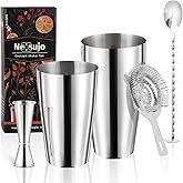 Nexsujo Boston Cocktail Shaker Set, 4-Piece Bar Tools Set, Professional Bar Set with Boston Shaker, Bar Spoon, Jigger, Hawthorne Strainer, Stainless Steel, Dishwasher Safe, Ideal Bartender Kit for Bar