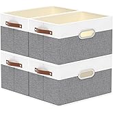 Yawinhe Fabric Storage Baskets, Foldable Closet Organizer for Shelves, Large Boxes with 3 Handles, Canvas Bins for Clothes, White/Grey, 12.99''Lx9.05''Wx7.87''H, 4-Pack