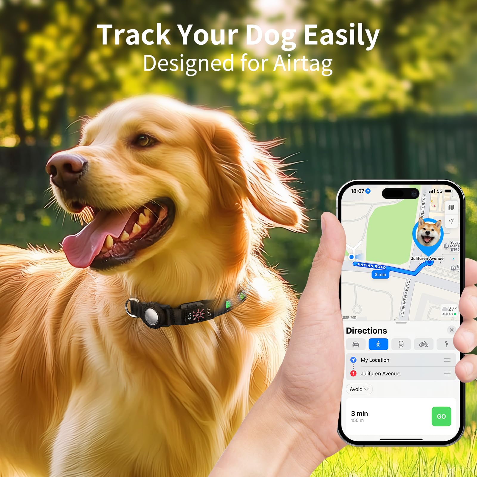 AirTag Dog Collar with QR Code & LED Light, IP68 Waterproof Rechargeable Pet Collar with Reflective Strips, Durable Airtag Holder for Medium/Large Dogs (Green, L(20-24 in))