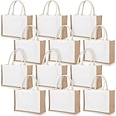 Reginary 12 Pcs Jute Tote Bags - White Large Burlap Tote Beach Bags with Handles & Blank Reusable Waterproof for Grocery Bridesmaid Wedding Gift Shopping Beach Travel DIY, 14.5 x 10.2 x 6.6 Inches