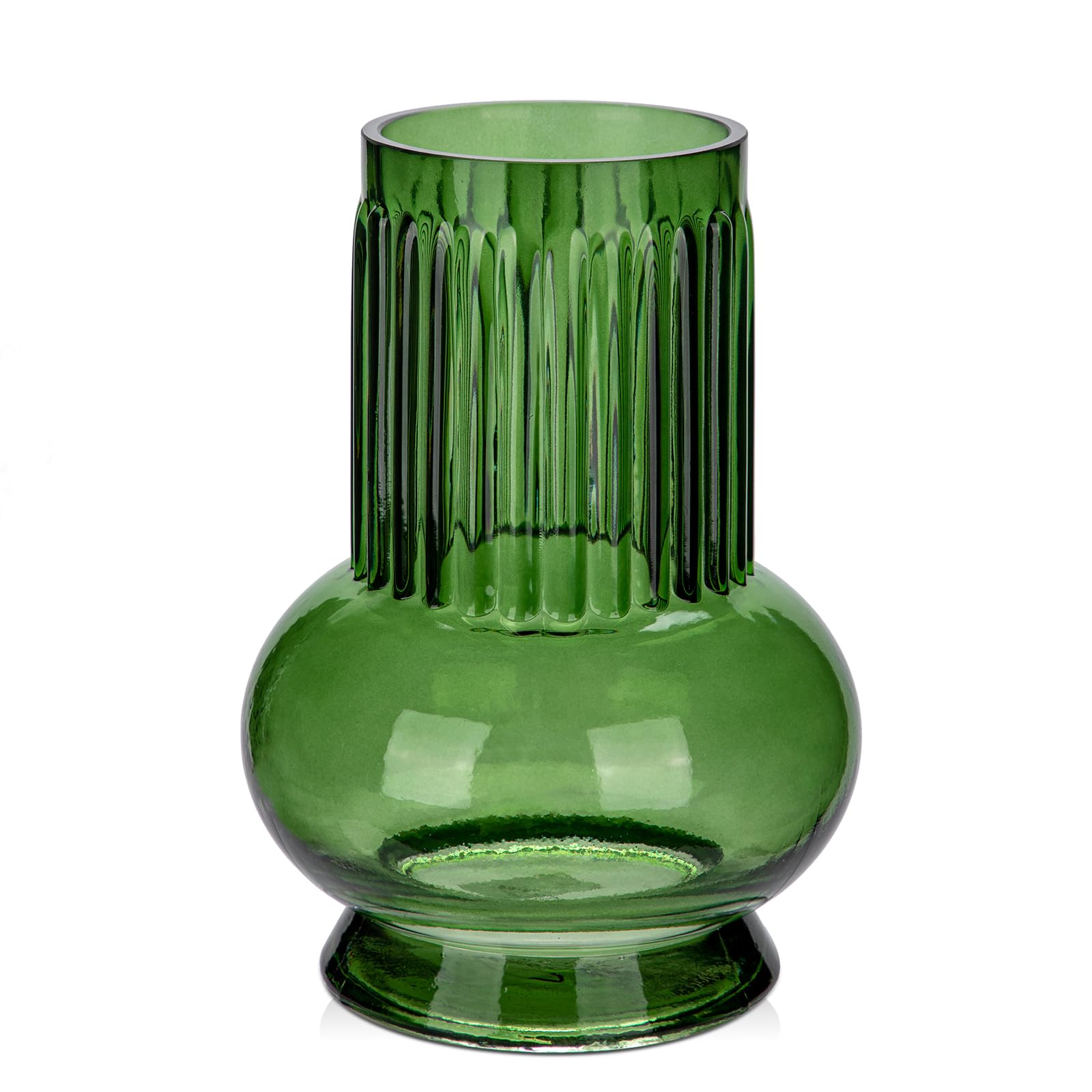 Hollyone 18cm Green Glass Vase for Flowers, Modern Glass Vase for Home Decor, Wedding, Party, Table, Centerpiece, Shelf, Living Room, Bedroom, Kitchen Decorations
