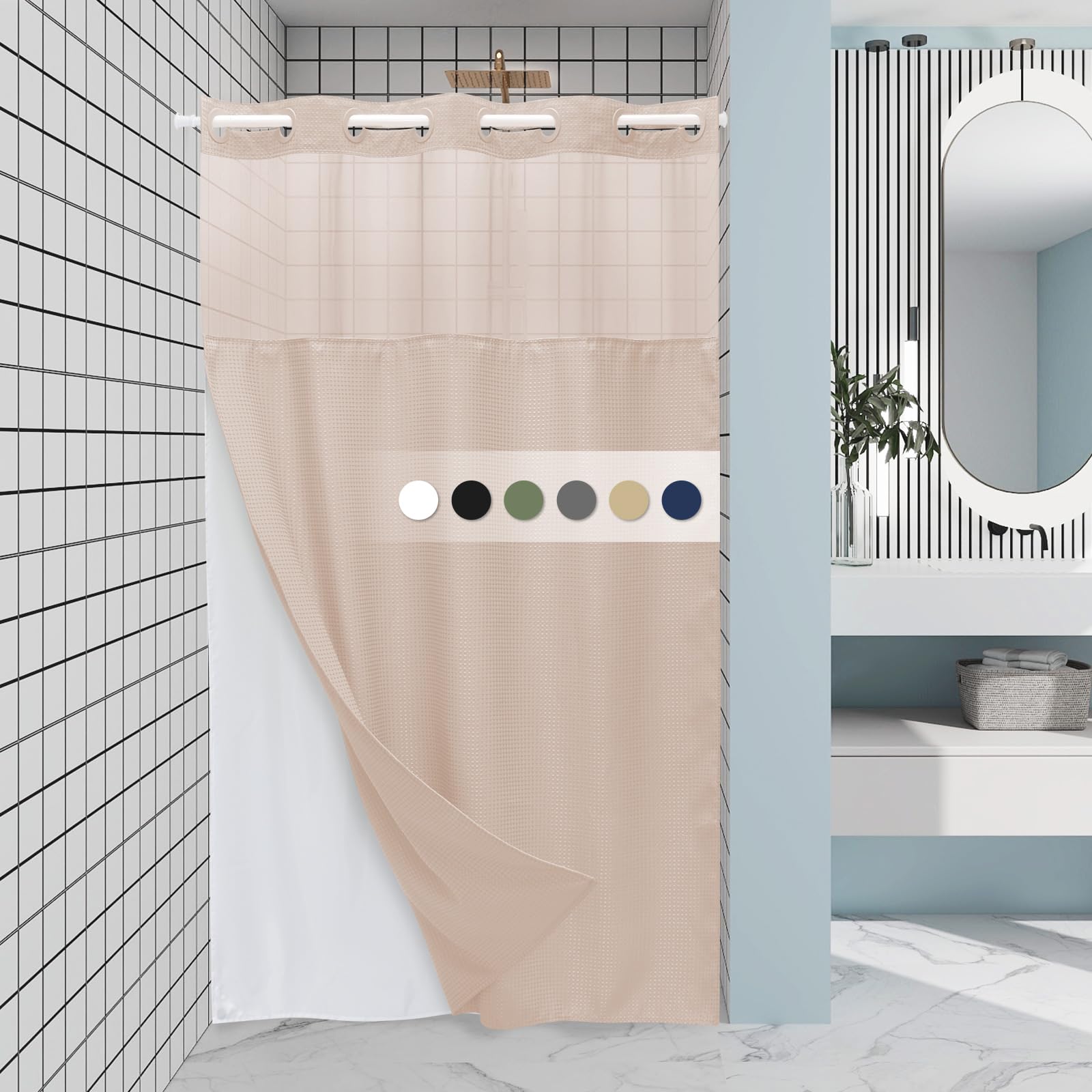 EUTXL Blush Pink Stall No Hook Shower Curtain with Snap in Liner,230GSM Waffle Weave Shower Curtains for Bathroom,54W x 80H