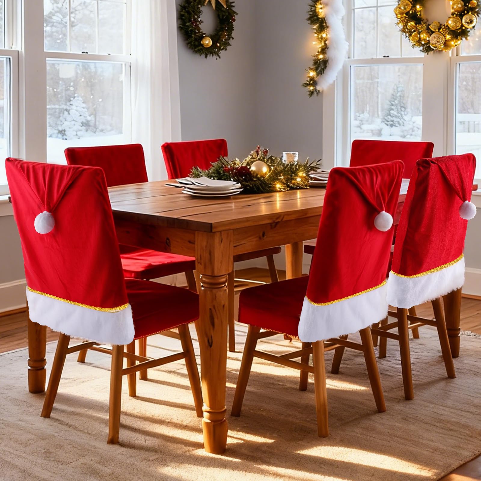 View 1 of 23.6 x 19.6 Inch Red Christmas Chair Covers Set of 6 Velvet Santa Hat Chair Covers Christmas Dining Chair Covers Santa Hat Seat Covers for Xmas Party Decoration Chairs Back Cover for Home Dining Room