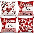 GEEORY Valentine's Day Throw Pillow Covers 18x18 Inch Set of 4, Valentines Red Hearts Love You More Decorative Farmhouse Holiday Cushion Case for Home Decoration G443-18