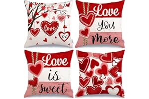 GEEORY Valentine's Day Pillow Covers 18 x 18 Inch Set of 4, Valentines Red Hearts Love You More Decorative Pillowcases for Home Sofa Couch Cushion Decor Decoration G443-18