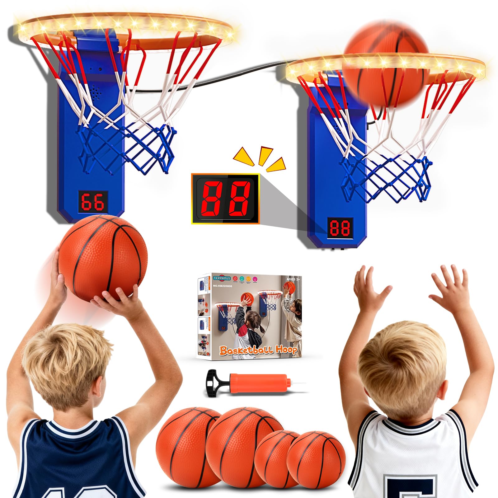 TERRAMUS Indoor Mini Basketball Hoop for Kids, 2 PCS Basketball Hoops with LED Scoring & Sound, Adjustable Height Mini Hoop w/ 4 Balls, Dual Shot Electric Sport Toys Gifts for 3-10 Year Old Boys Girls