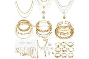 CONGYING 60 PCS Gold Jewelry Set with Multi-Layered Bracelet Necklace, Dangle Earrings, Stackable Ring For Women Valentine Anniversary Jewelry Pack Gifts For Her