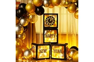 Capoda 51 Pcs Happy New Year Party Decoration Kit, Black Gold 2024 New Years Eve Party Balloon Boxes with Balloon and LED Light Strings Supplies for 2024 New Years Eve Party