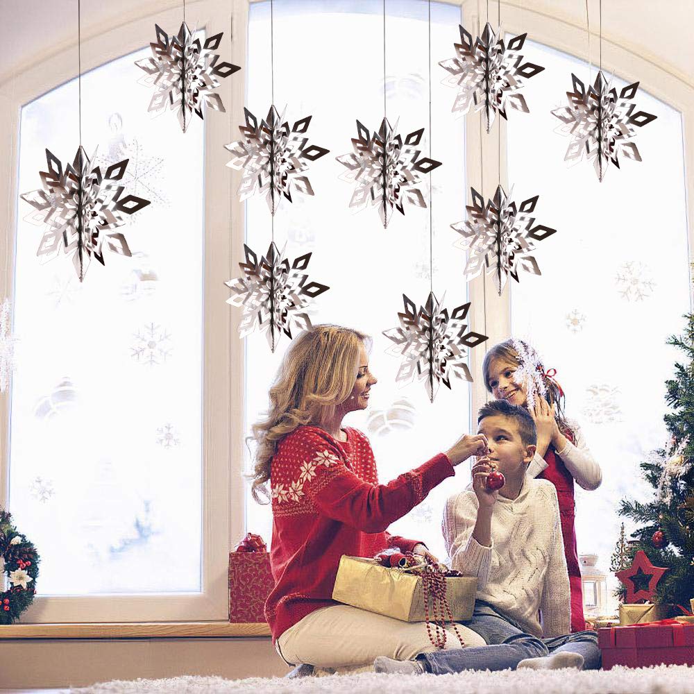 DERAYEE 12PCS 3D Snowflake Hanging Decorations with String for Christmas Winter Holiday New Year Party Home Supplies