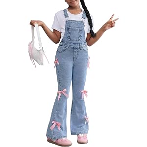 Zekujoy Girls Denim Overalls Flare Leg Stretchy Bow Jean Jumpsuit High Waisted Y2K Cute Adjustable Strap Overall 7-14Y